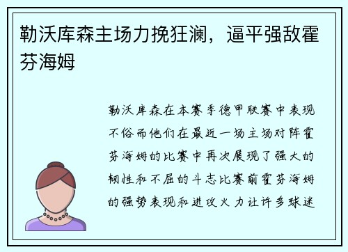 勒沃库森主场力挽狂澜，逼平强敌霍芬海姆