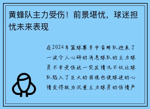 黄蜂队主力受伤！前景堪忧，球迷担忧未来表现