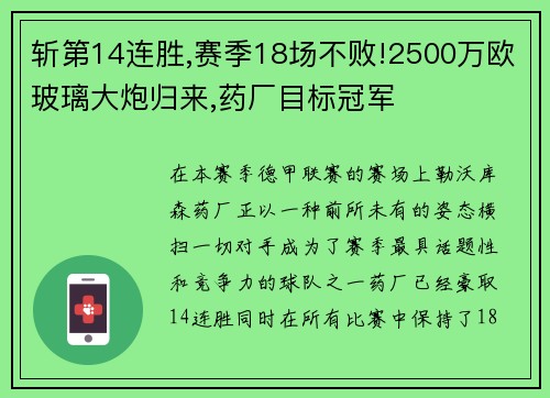 斩第14连胜,赛季18场不败!2500万欧玻璃大炮归来,药厂目标冠军