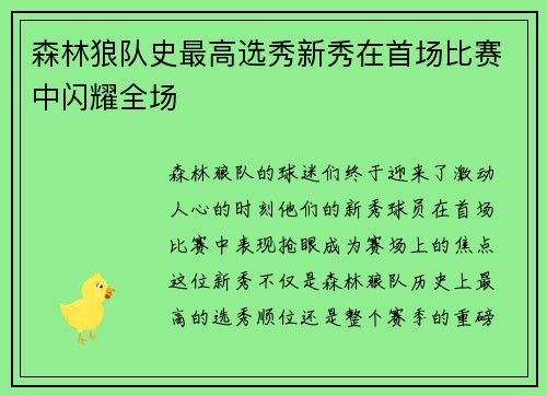 森林狼队史最高选秀新秀在首场比赛中闪耀全场