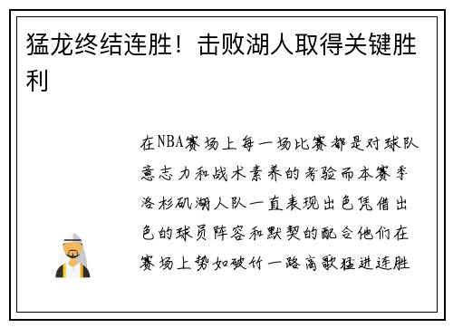 猛龙终结连胜！击败湖人取得关键胜利